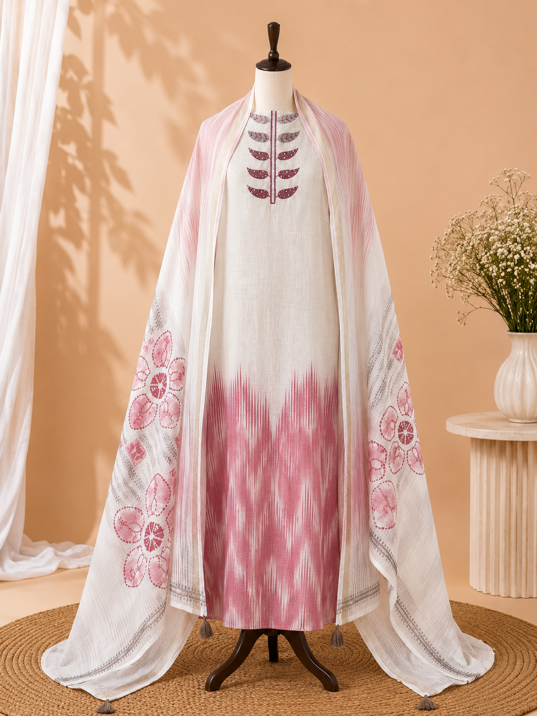 Ivory Ikat Linen Cotton Three Piece Suit