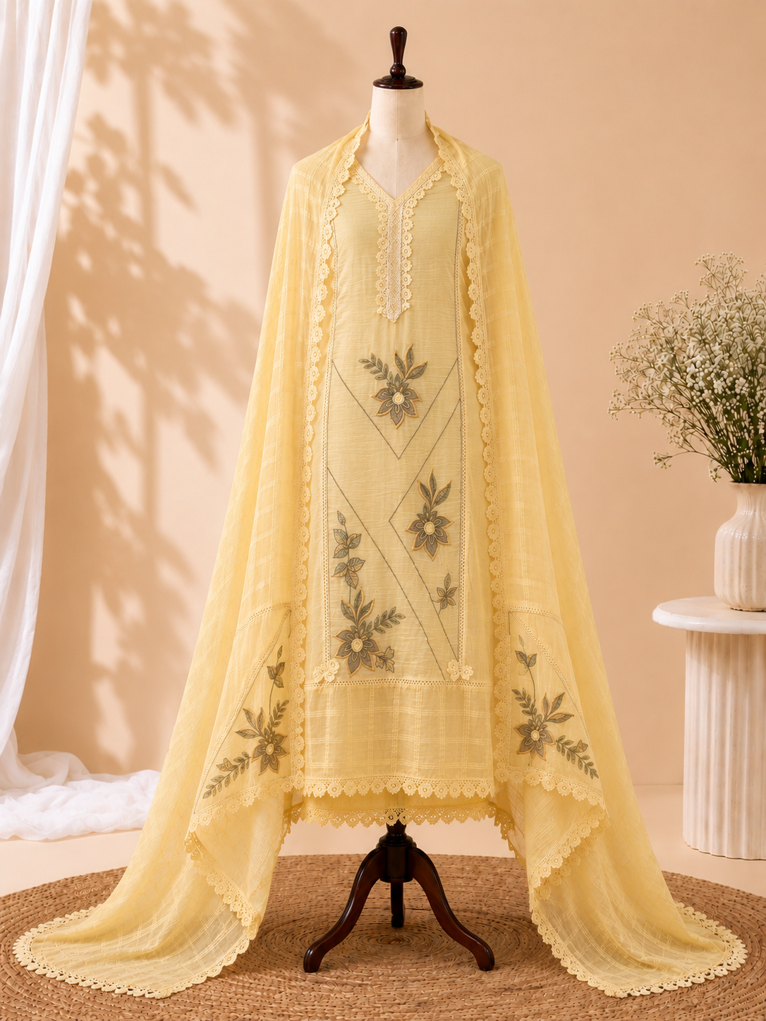 Bloom Lace Mul Cotton Three Piece Suit