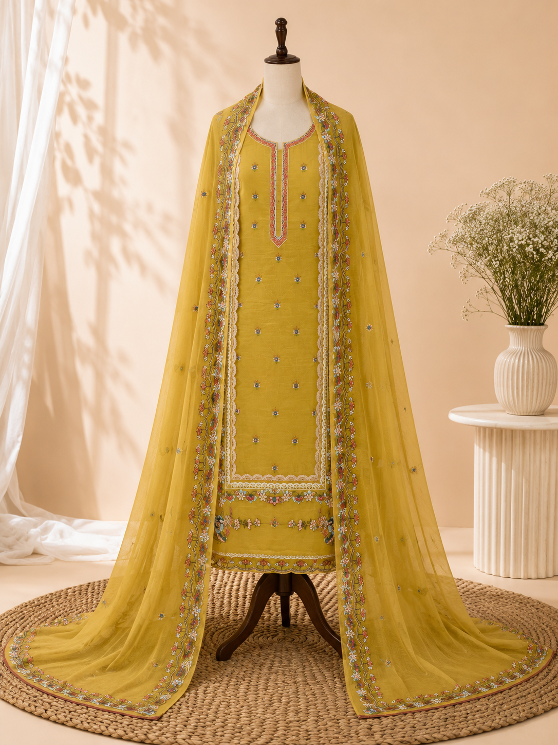 Premium Spring Bloom Embroidered Mul Cotton Three Piece Suit