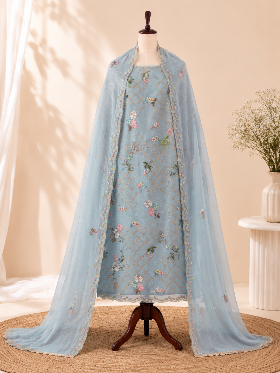 Pastel Bloom Mul Cotton Embroidered Three Piece Suit