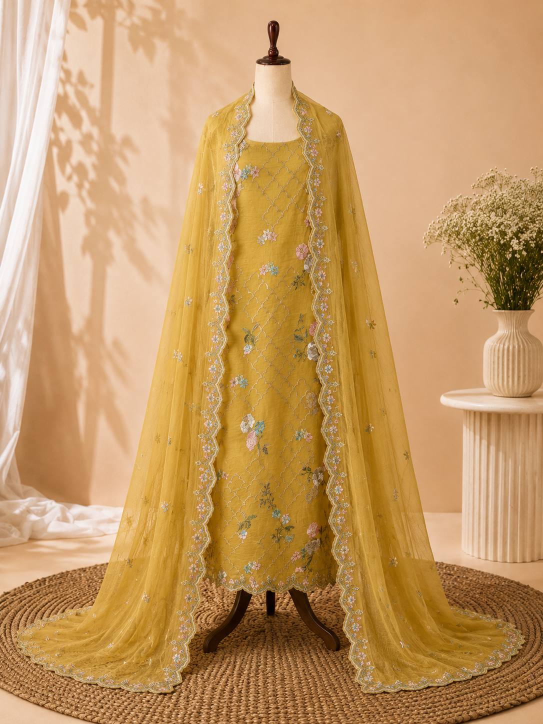 Pastel Bloom Mul Cotton Embroidered Three Piece Suit
