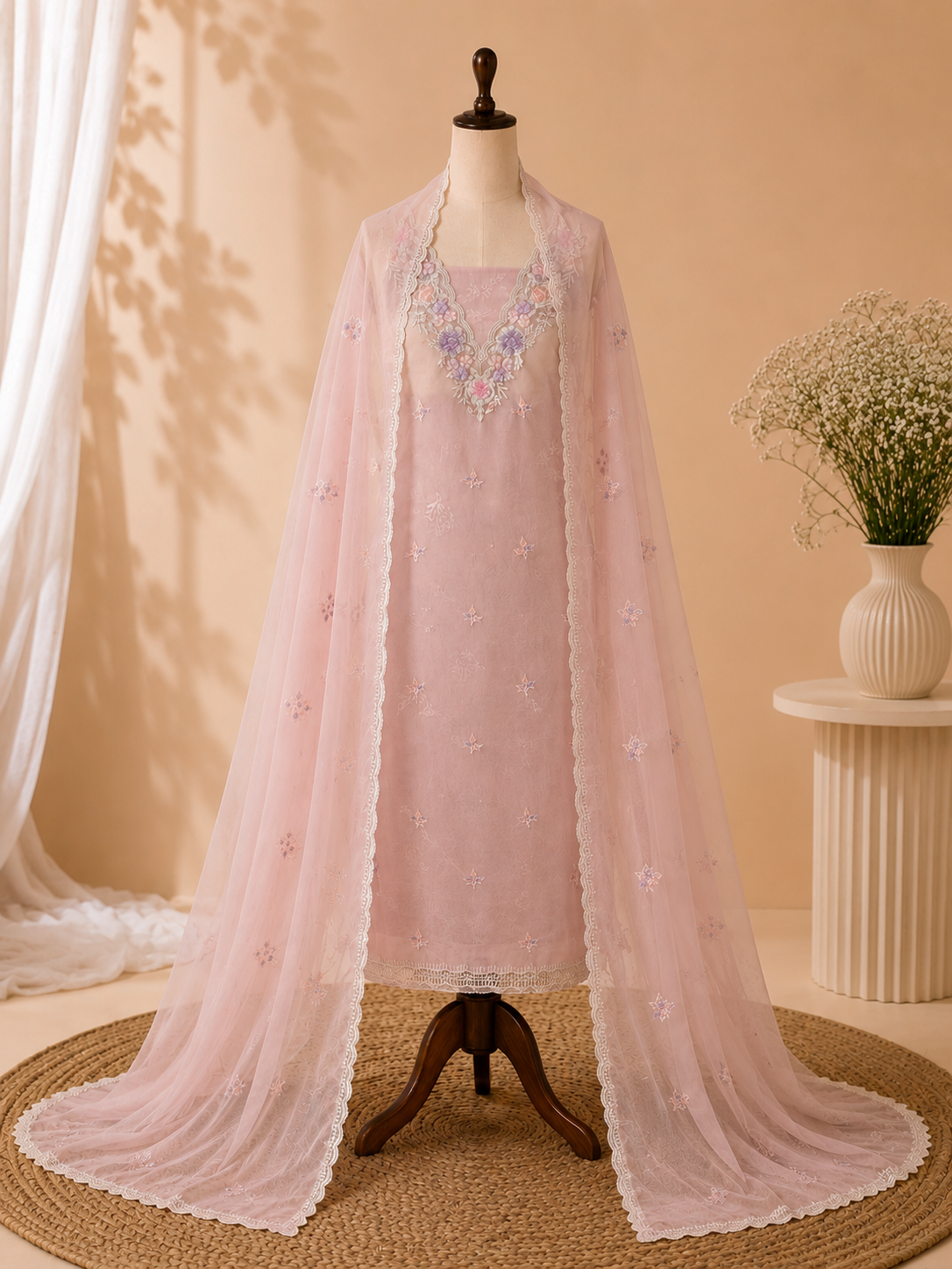 Soft Blush Organza Embroidered Three Piece Suit