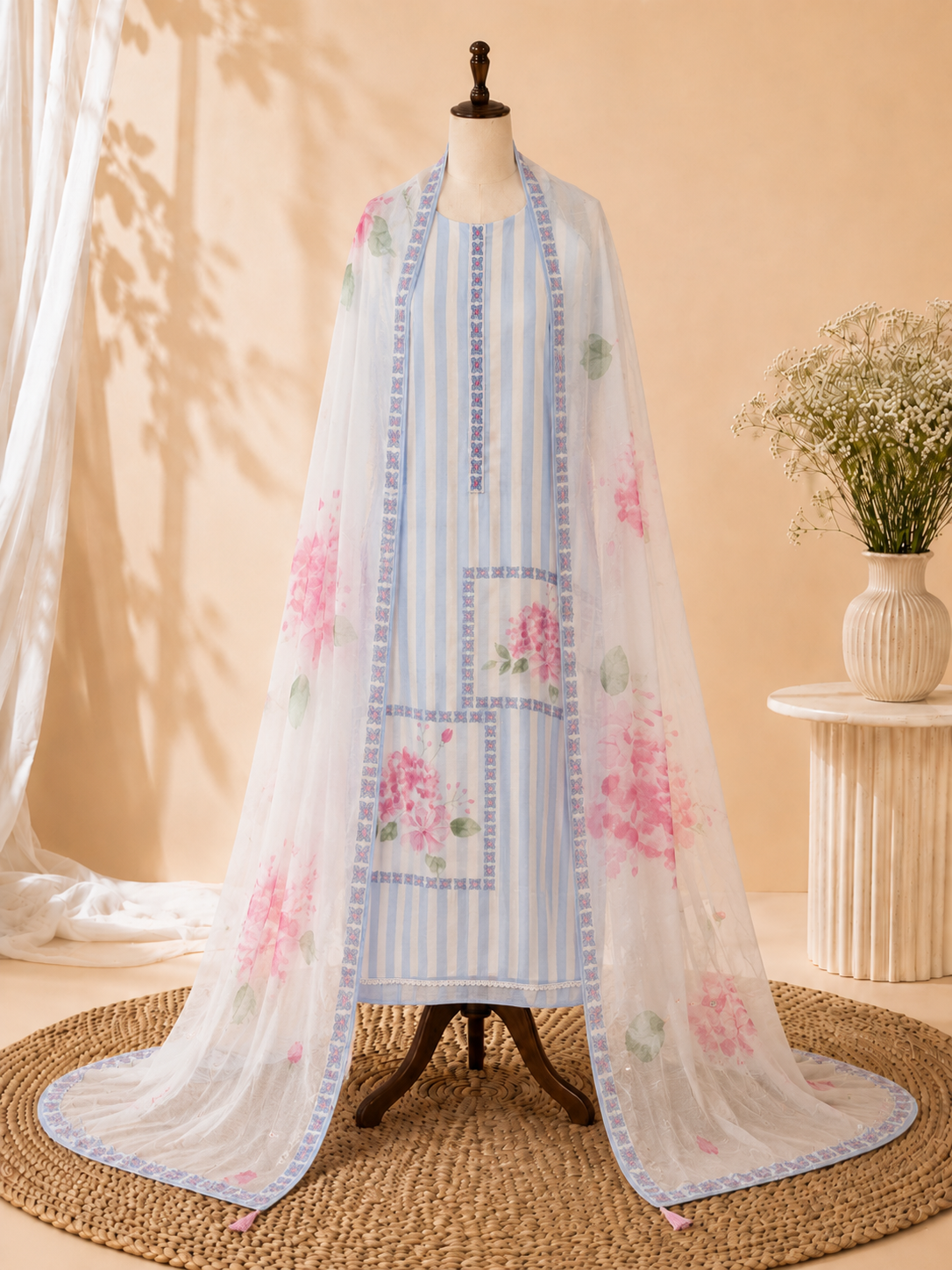 Sky Blue Striped Mul Cotton Three Piece Suit