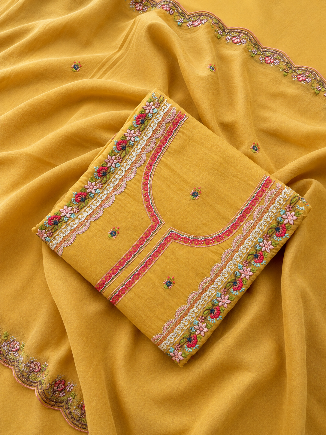 Premium Spring Bloom Embroidered Mul Cotton Three Piece Suit