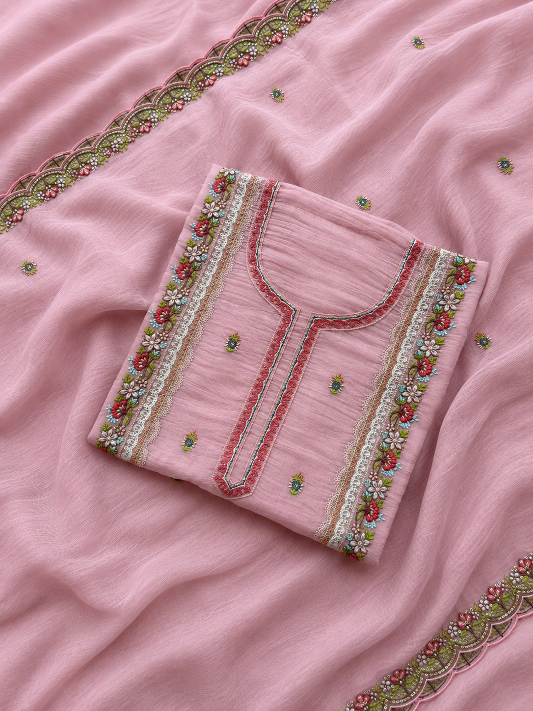 Premium Spring Bloom Embroidered Mul Cotton Three Piece Suit