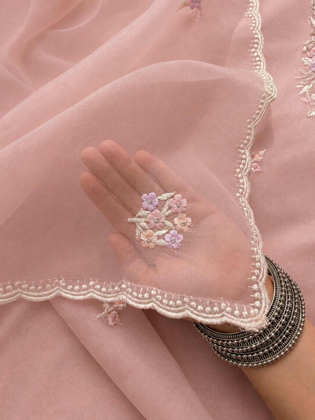 Soft Blush Organza Embroidered Three Piece Suit