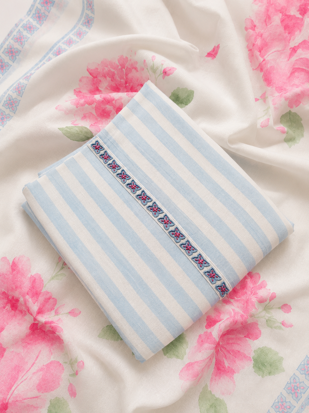 Sky Blue Striped Mul Cotton Three Piece Suit