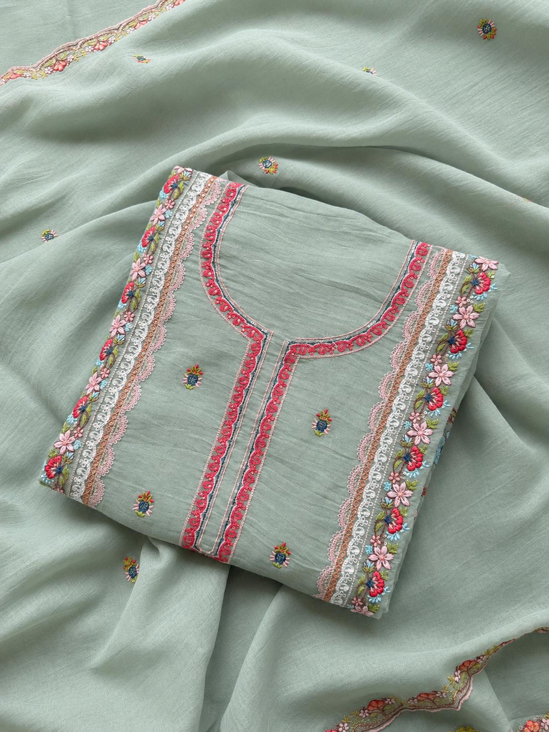 Premium Spring Bloom Embroidered Mul Cotton Three Piece Suit