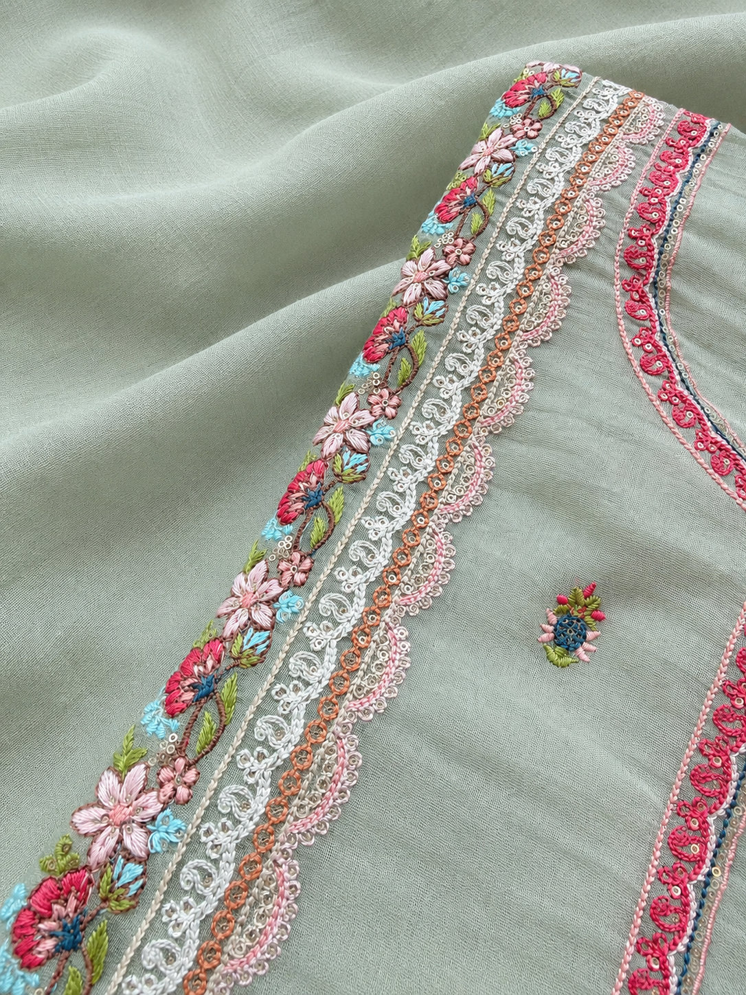 Premium Spring Bloom Embroidered Mul Cotton Three Piece Suit