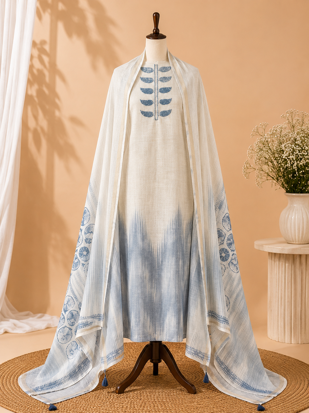 Ivory Ikat Linen Cotton Three Piece Suit
