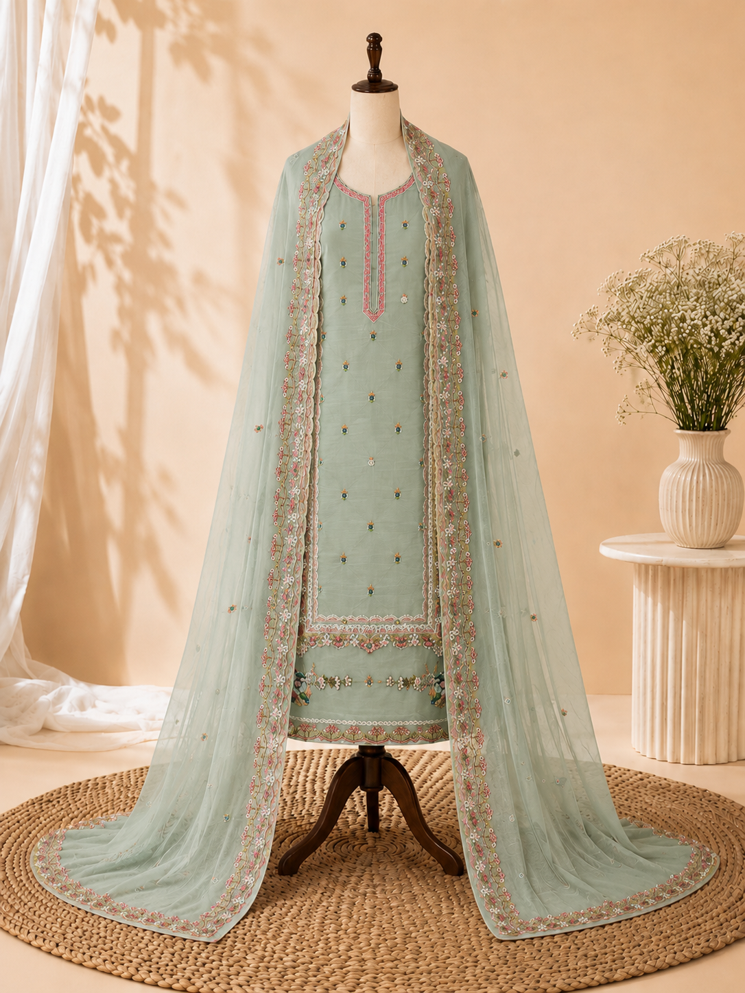 Premium Spring Bloom Embroidered Mul Cotton Three Piece Suit