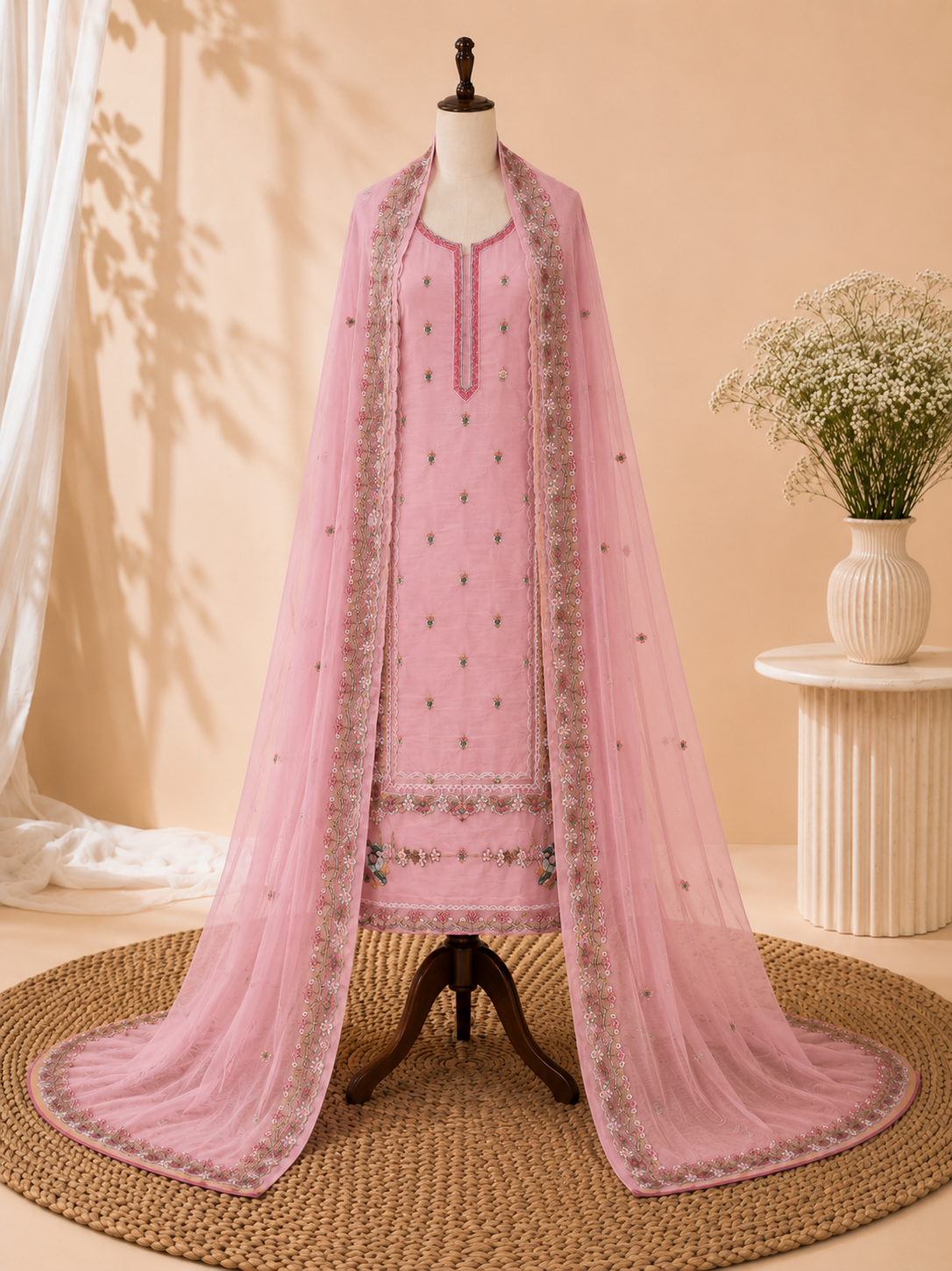 Premium Spring Bloom Embroidered Mul Cotton Three Piece Suit