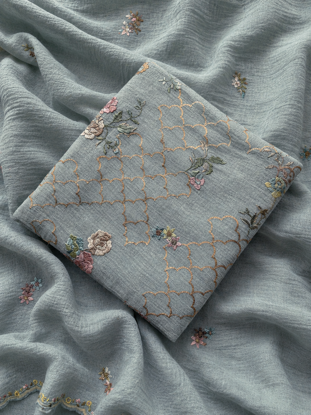 Pastel Bloom Mul Cotton Embroidered Three Piece Suit