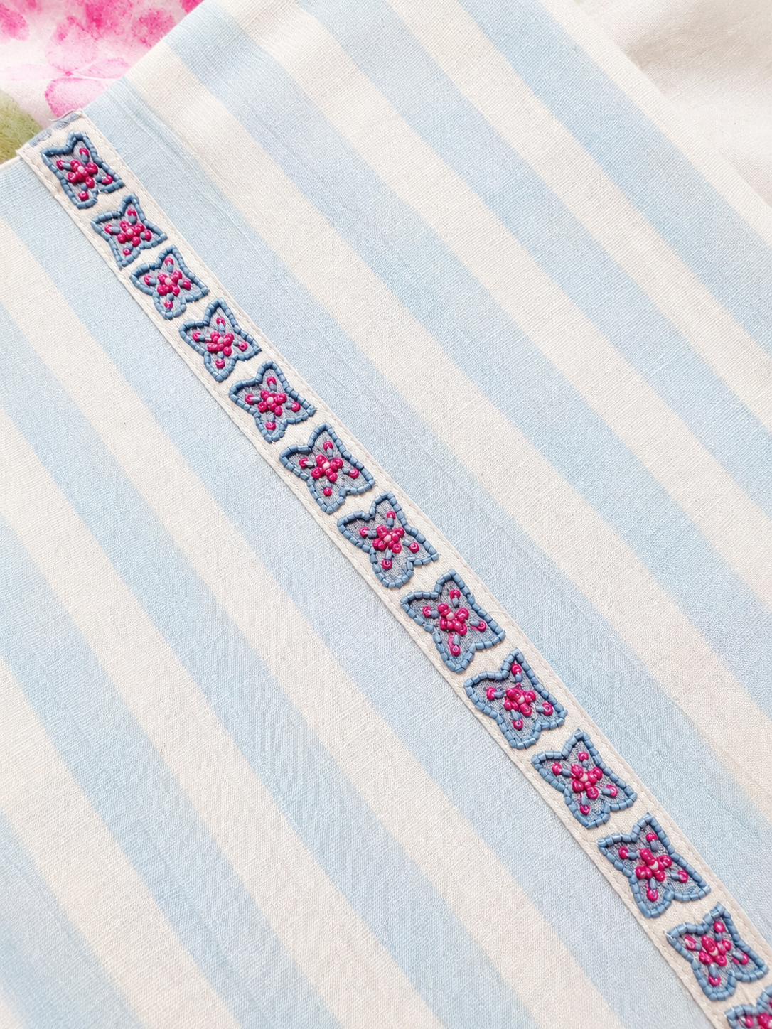 Sky Blue Striped Mul Cotton Three Piece Suit