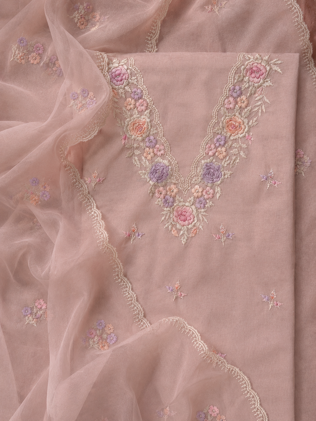 Soft Blush Organza Embroidered Three Piece Suit