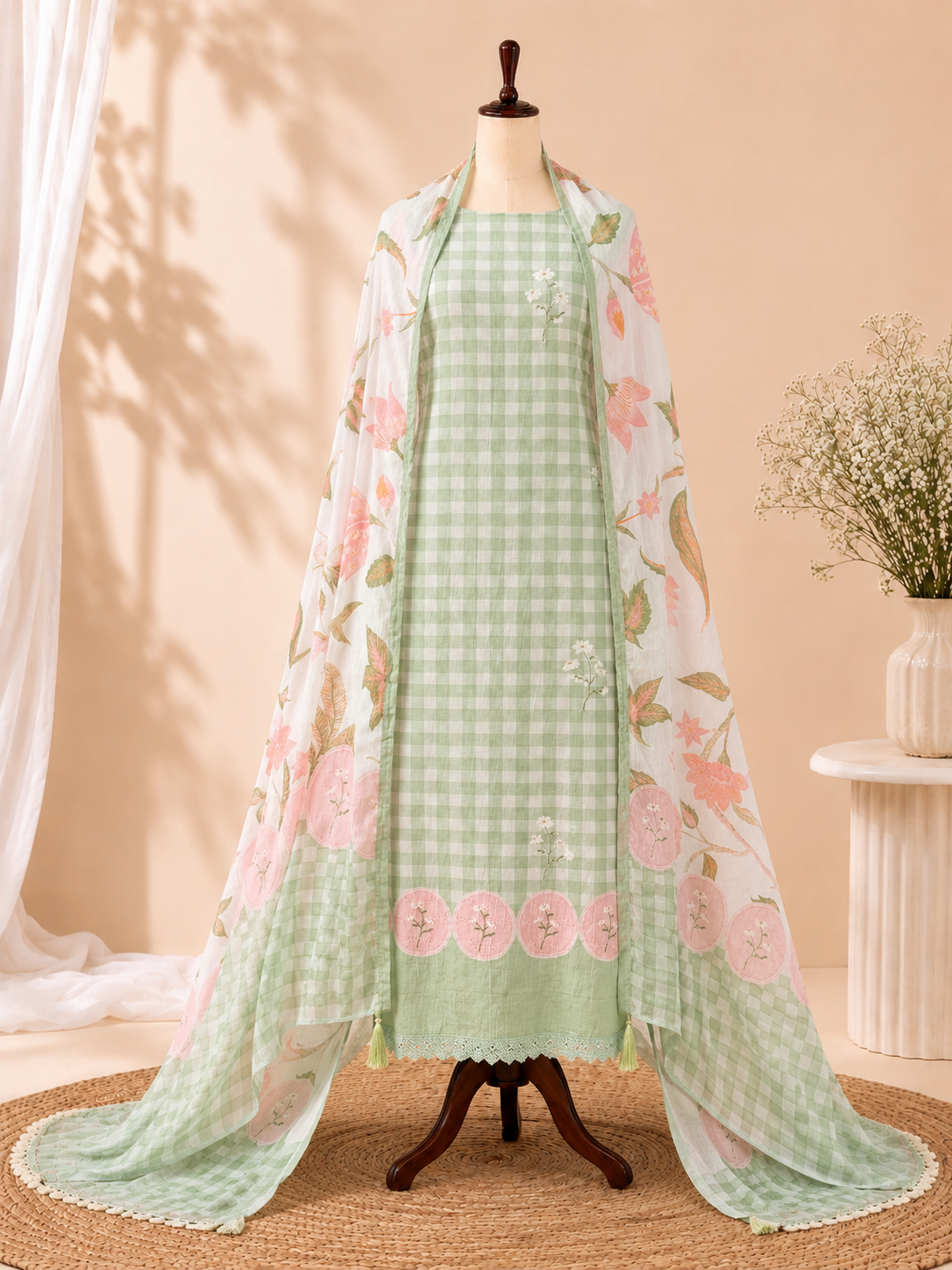 Luxury Mul Cotton Floral Rose Three Piece Suit