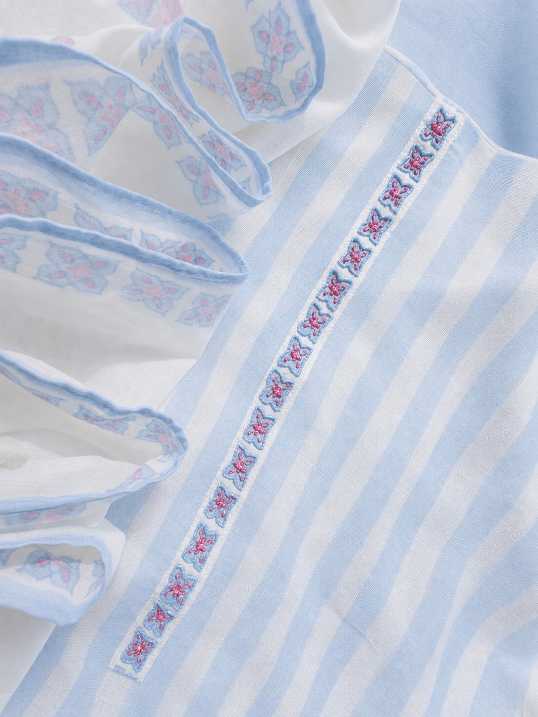 Sky Blue Striped Mul Cotton Three Piece Suit