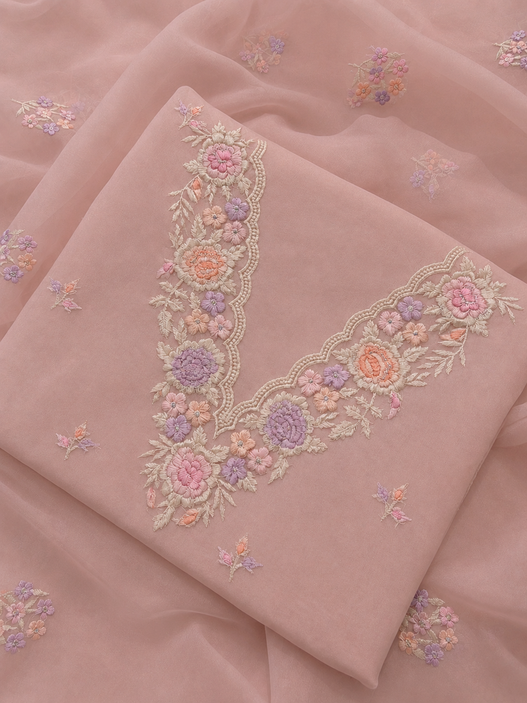 Soft Blush Organza Embroidered Three Piece Suit