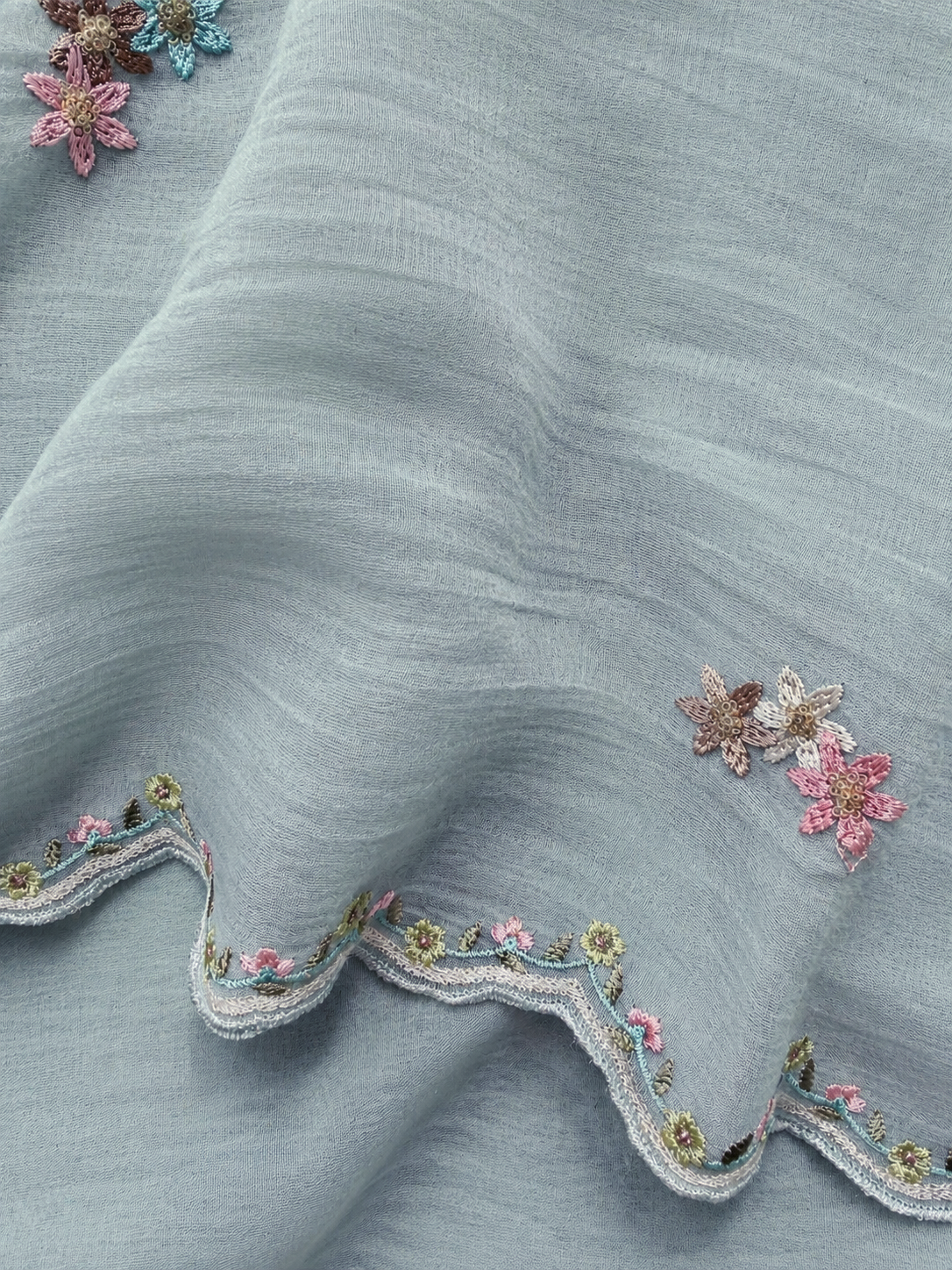 Pastel Bloom Mul Cotton Embroidered Three Piece Suit